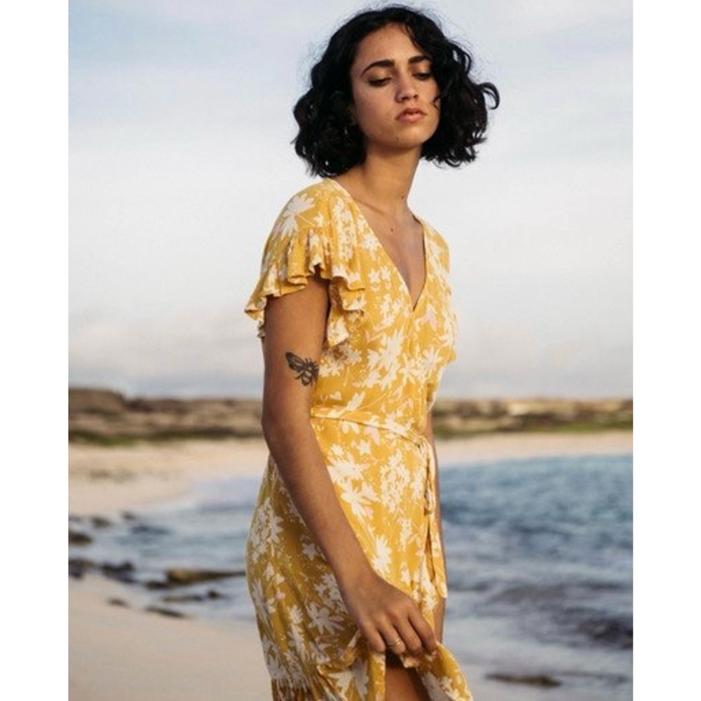 Billabong Wrap and Roll Floral Dress in Bright Gold
